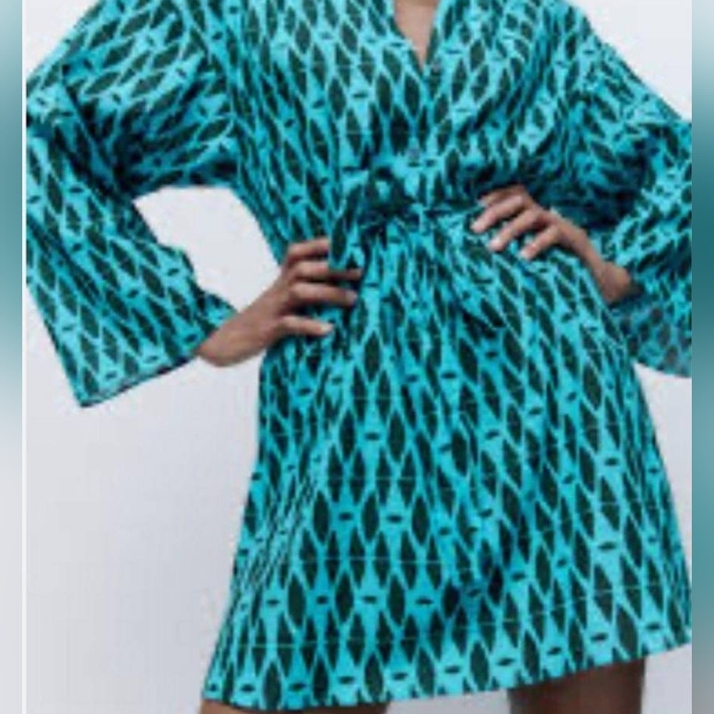 NWT Zara 100% Cotton "The Reese Dress" in Blue Geo Print - Size M - Picture 2 of 14